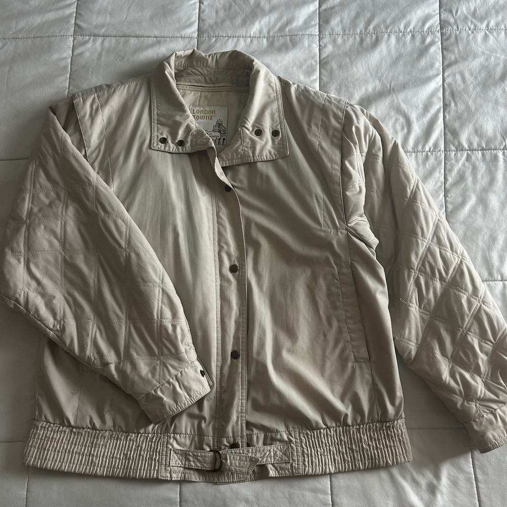 VTG 90s London Towne Quilted Sleeve Cream/Beige Crop Jacket W7/8 Utility *stains